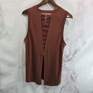 Fabletics Tank Top Womens XS Copper Rust Slit Open Back Longline Mesh High Neck
